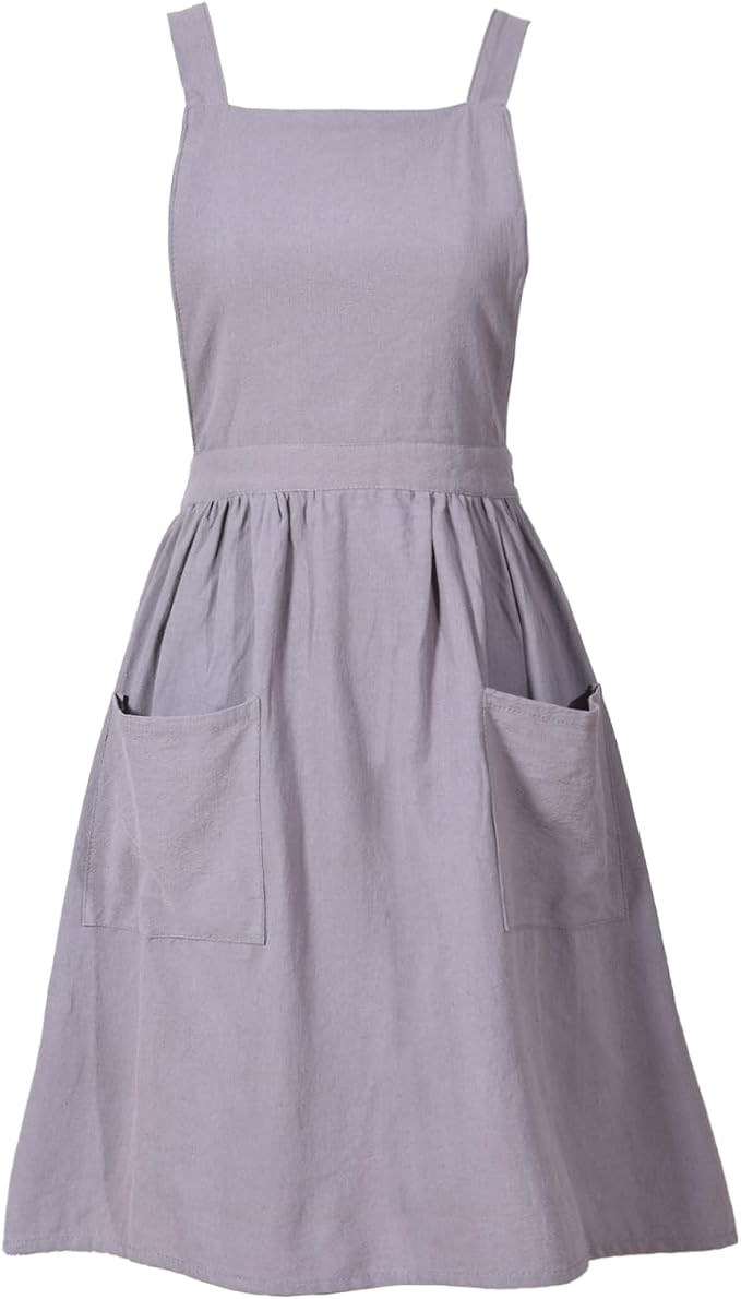 Pinknoke Cute Cotton Pinafore Aprons for Women with Pockets for Kitchen | Vintage Apron Dress,Adjustable Cross Back,2 Pockets,Long Straps,for Cooking Backing Gardening Painting Cleaning Gift Giving by Pinknoke