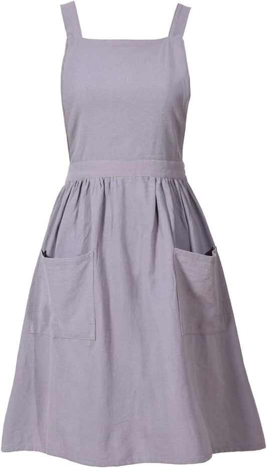 Pinknoke Cute Cotton Pinafore Aprons for Women with Pockets for Kitchen | Vintage Apron Dress,Adjustable Cross Back,2 Pockets,Long Straps,for Cooking Backing Gardening Painting Cleaning Gift Giving by Pinknoke