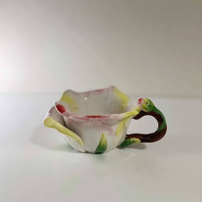 Ceramic Tea Cup and Saucer Set ，6OZ 3D Hand-Painted Flower and Lotus Leaf Coffee Mug，Gift for Women- Champagne Rose