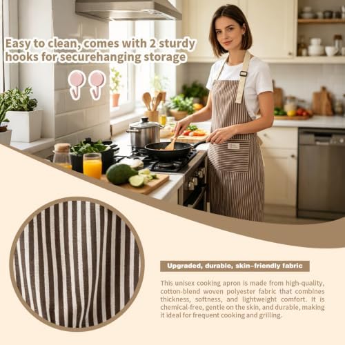 Chef Apron Bib Apron with 2 Large Pockets Adjustable Neck Strap Kitchen Apron Cooking Apron Stripes Baking Apron - Image 3