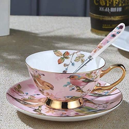 YBK Tech Euro Style Cup& Saucer Set Art Bone China Ceramic Tea Coffee Cup for Breakfast Home Kitchen- Birds and Trees Patterns (Light Pink)