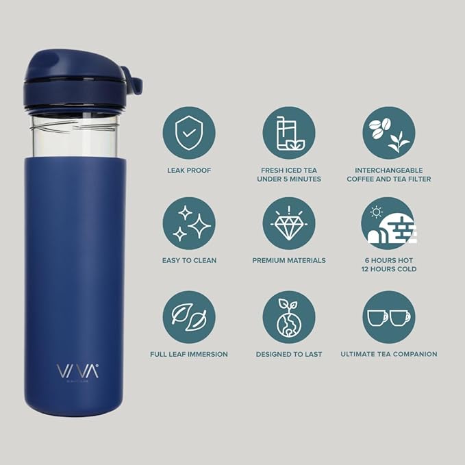VIVA Recharge Blue Insulated Tea & Coffee Mug & Travel French Press Coffee Maker, 16 oz, Brew & Drink From the Same Coffee Mug On the Go or Camping
