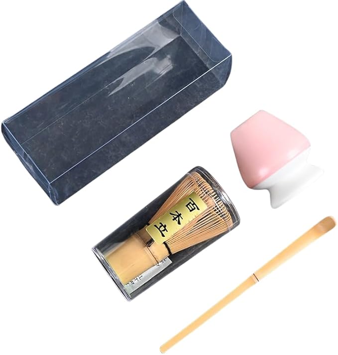 Japanese Matcha Tea Set, Bamboo Whisk (Chasen) + Matcha Scoop (Chashaku)+Ceramic Whisk Holder,fit for Japanese Tea Matcha Tea,Matcha Latte Accessories (M)