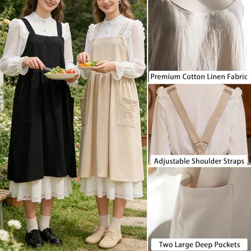 Uaussi Cotton Linen Apron Cross Back Work Apron for Women with Pockets Pinafore Dress X Cross Halter Apron for Chef Gardening - Image 2