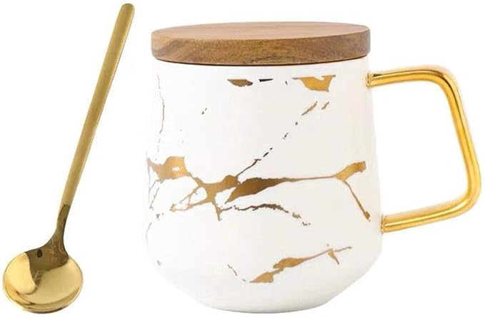 YBK Tech Porcelain Tea Cup Coffee Mug Set for Afternoon Tea - Marble Pattern (White, Tall 400ml + wood lid)