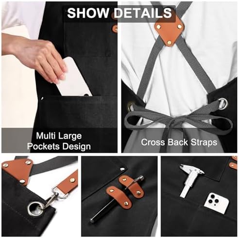 ZOMAO Chef Apron for Women Men with Large Pockets, Cotton Canvas Cross Back Waterproof Work Aprons for Kitchen Cooking Bib - Image 6