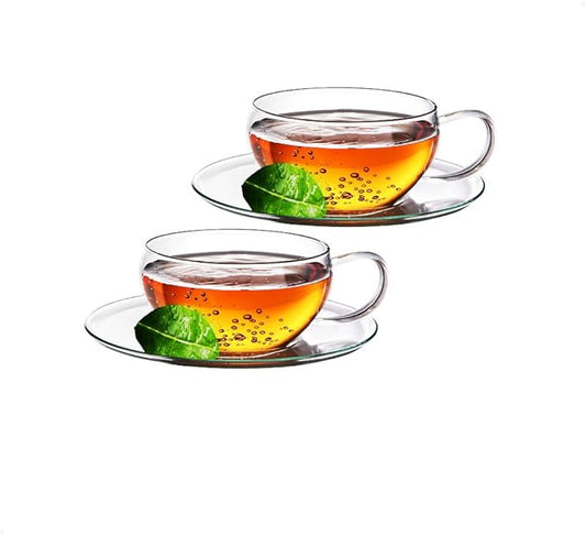 Sun's Tea Ultra Clear Coffee/Tea Set Set of 2 | 8 oz (230 ml) | Borosilicate - Glasses w Handle and Clear Glass Saucer | Simple and Elegant | Microwave Safe Pure Glass | Not Plastic