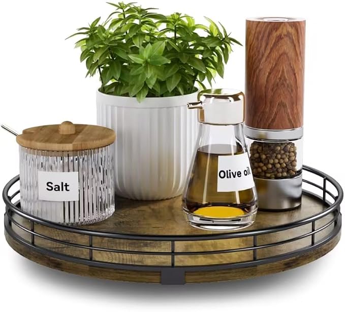 Lazy Susan Turntable Organizer for Table Top, 10’’ Round Wooden Lazy Susan for Cabinet Kitchen Countertop Pantry Dining Coffee Table for Condiments Spices, Rustic Bathroom Vanity Tray for Soap Candle by HGF