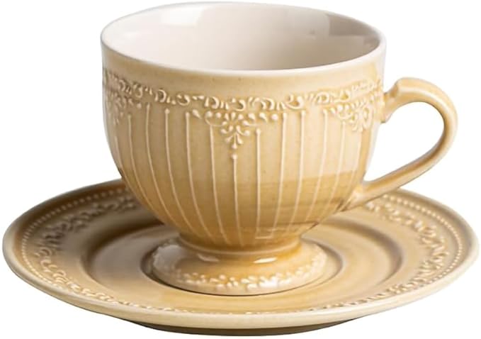 WAIT FLY Vintage Embossed Ceramic Coffee Mug with Saucer Set, Espresso Cup, Tea Cup, Breakfast Cup and Dessert Plate-Yellow-8 OZ