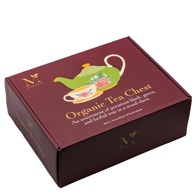 Mementa Inc Organic Wooden Tea Chest - 60 Tea Bags Individually Wrapped : Assorted Tea Variety Pack containing Black, Green, and Herbal caffeine-free teas : Tea Sampler Tea Set