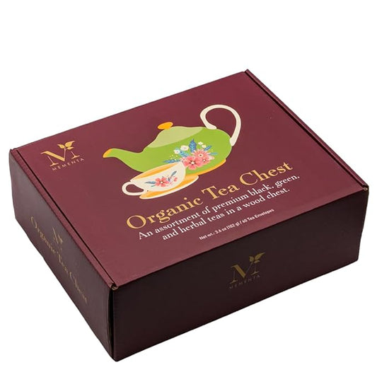 Mementa Inc Organic Wooden Tea Chest - 60 Tea Bags Individually Wrapped : Assorted Tea Variety Pack containing Black, Green, and Herbal caffeine-free teas : Tea Sampler Tea Set