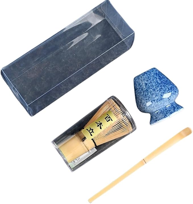 Japanese Matcha Tea Set, Bamboo Whisk (Chasen) + Matcha Scoop (Chashaku)+Ceramic Whisk Holder,fit for Japanese Tea Matcha Tea,Matcha Latte Accessories (H)