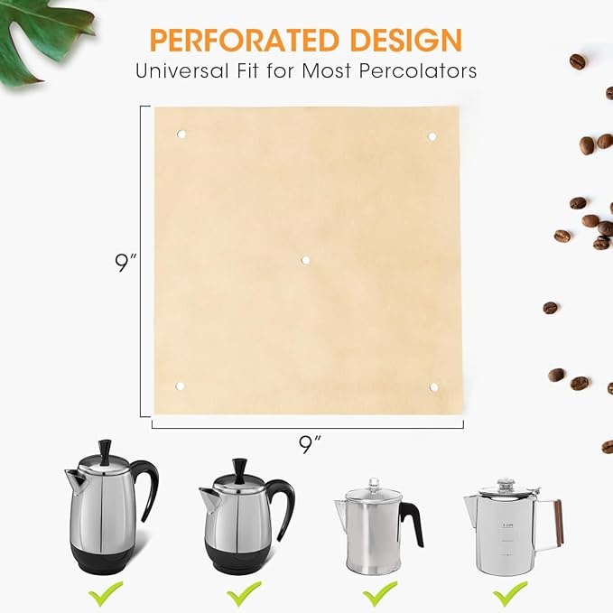 Aieve 160 Count Percolator Coffee Filters, Unbleached Perforated Filter Paper for Electric Coffee Percolator Pots, Universal Wrap-Around Percolators Filters,9 × 9 Inch
