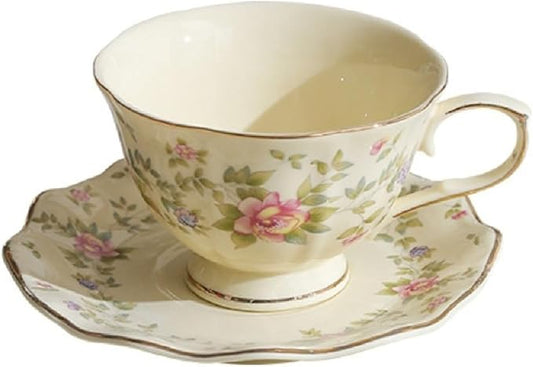 8 oz Vintage flower Ceramic cup and 6" saucer set with Brand customized stainless steel spoon Gifts for Afternoon Tea Coffee Hour (D)