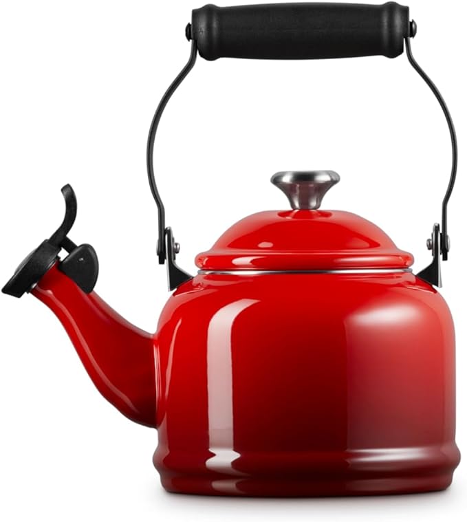 Le Creuset Enamel On Steel Demi Tea Kettle with Metal Finishes, 1.25 qt., Cerise