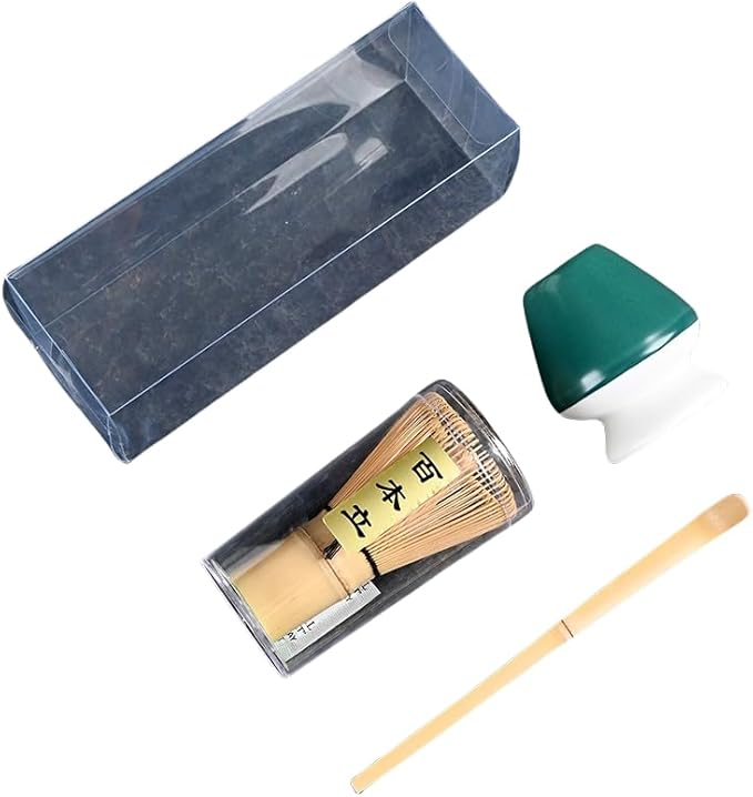 Japanese Matcha Tea Set, Bamboo Whisk (Chasen) + Matcha Scoop (Chashaku)+Ceramic Whisk Holder,fit for Japanese Tea Matcha Tea,Matcha Latte Accessories (N)