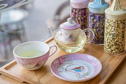 Jusalpha Glass Teapot with a Fine China Infuser Strainer, Cup and Saucer Set,Teapot and Teacup for One, Tea for one #05 (Pink)