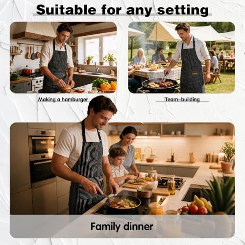 Chef Apron Bib Apron with 2 Large Pockets Adjustable Neck Strap Kitchen Apron Cooking Apron Stripes Baking Apron - Image 4