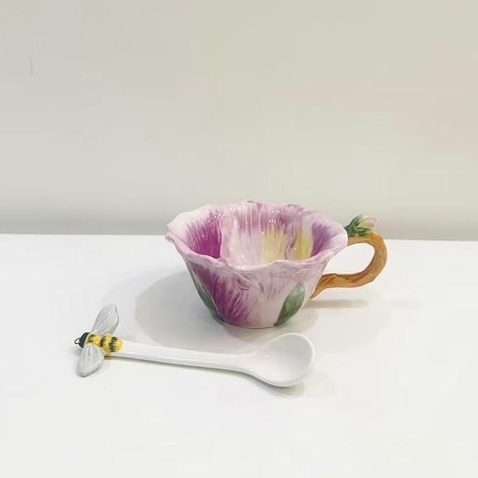Ceramic Pansy Coffee Cup and Saucer Set with Spoon，6OZ 3D Hand-Painted Flower Tea Mug，Gift for Women (Lilac)
