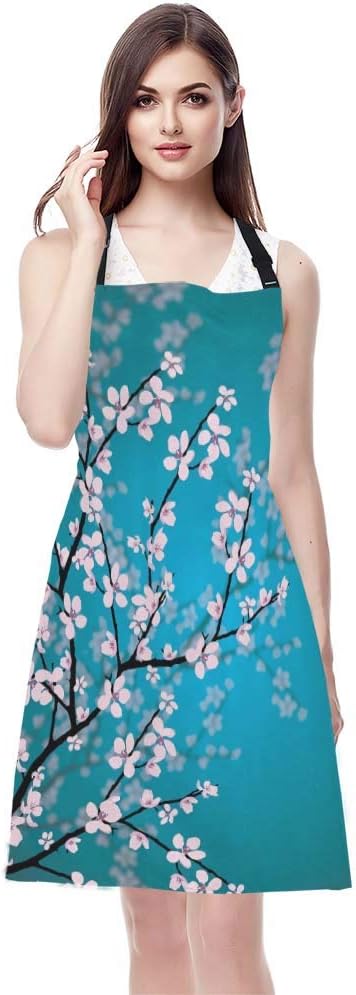 WONDERTIFY Plum Blossom Apron,Pink Flowers Reflected in Water Blue Bib Apron with Adjustable Neck for Men Women,Suitable for Home Kitchen Cooking Waitress Chef Grill Bistro Baking BBQ Artist Apron