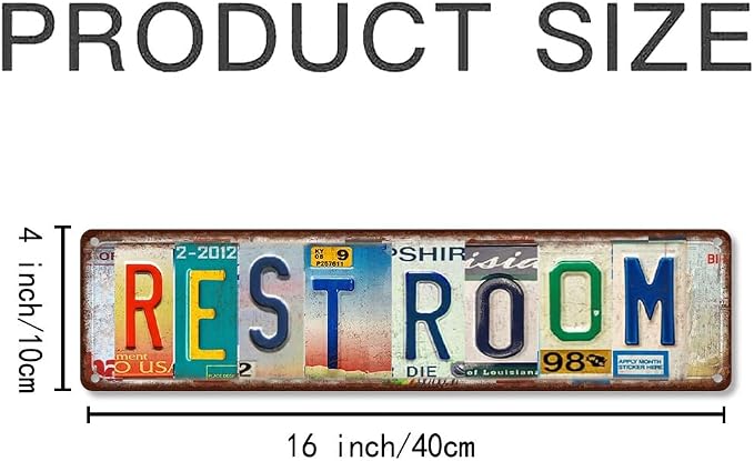 Vintage License Plate RESTROOM Sign – 16x4 Inch Rustic Tin Wall Decor for Bathroom, Guest Toilet, Washroom, Commercial Restroom or Farmhouse Style Spaces - Image 2