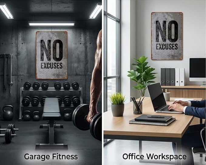 No Excuses Metal Tin Sign – Vintage Workout Motivation Wall Art, Rustic Fitness Quote Decor for Home Gym, Garage, Office, Man Cave – Durable & Easy-to-Hang 12×8 Inches - Image 7