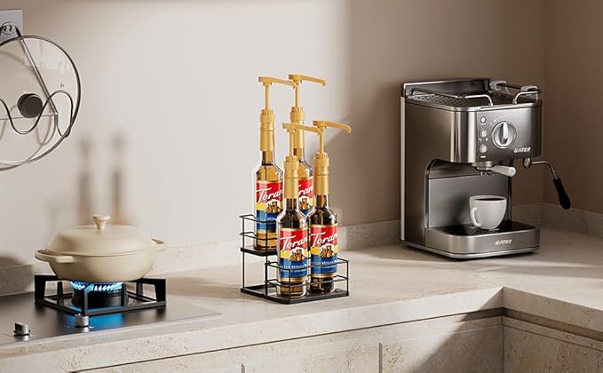 kimilus 4 Bottle Capacity Coffee Syrup Organizer 2 Tier Coffee Syrup Stand Shelf for Coffee Bar Kitchen Small Wine Rack for Bar Family Storage for Syrup Wine Dressing