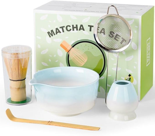 Dayacoco Matcha Whisk Set,Ceramic Matcha Kit Set Includes Bowl with Spout, Whisk,Holder,Bamboo Scoop and Sifter,5 pcs Matcha Tea Kit for Matcha Lovers, Ideal Gift Christmas, Birthday (Blue gradient)