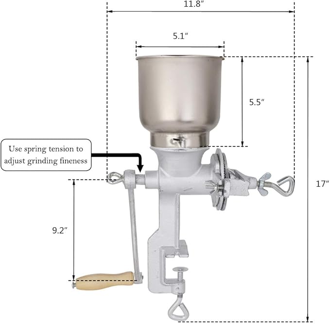 Manual Grain Grinder for Home Use, Heavy Duty Cast Iron Hand Crank Mill with Clamp Base, Adjustable Grinding Coarseness for Corn, Coffee, Wheat, Rice, Pepper, Nuts