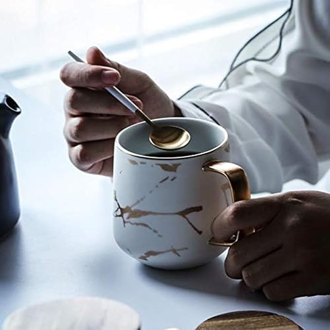 YBK Tech Porcelain Tea Cup Coffee Mug Set for Afternoon Tea - Marble Pattern (White, Tall 400ml + wood lid)