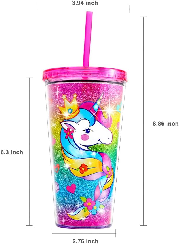 Home Tune Cute Glitter Tumbler Cups with Lid and Straw, Double Wall Insulated Acrylic Cup, 22 oz / 650ml (Unicorn)