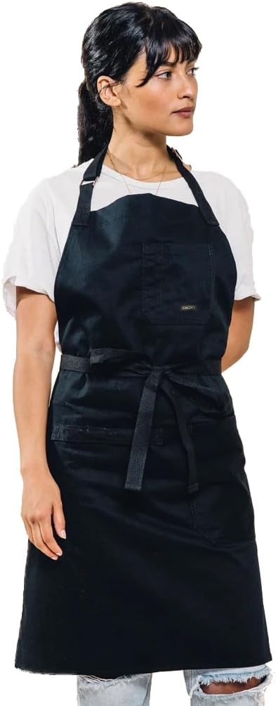 Caldo Daily Cotton Kitchen Apron for Cooking- Mens and Womens Professional Chef or Server Bib Apron - Adjustable Straps with Pockets and Towel Loop (Black) by Caldo