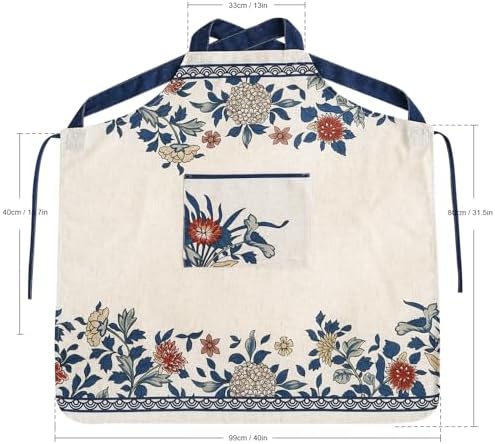 patdrea Blue Floral Linen Apron with Pocket,French Kitchen Garden Chef BBQ Aprons for Women and Men,Crisscross Back Straps - Image 5