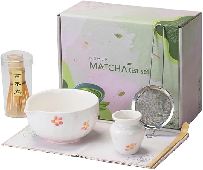 Matcha Tea Set with Plum Blossom Ceramic Bowl, Fine Mesh Strainer and Bamboo Scoop, Traditional Japanese Matcha Accessories for Home Tea Ceremony.