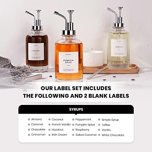 MoliMoli Coffee Syrup Dispenser for Coffee Bar, Coffee Pump Dispenser, Glass Syrup Bottle w. Pump, Maple/Coffee Syrup Bottles, Syrup Dispenser Set of 4, w. Labels, Siver - Image 6