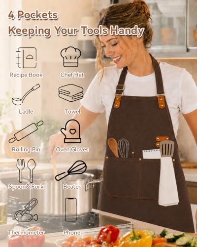 Teskyer Canvas Kitchen Apron with 4 Pockets | Cross Back or Adjustable Strap Design, 4 Utility Pockets, Water & Oil Resistant Fabric for Cooking Gardening & Crafts - Image 3