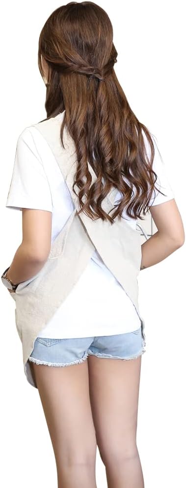 Shortened Design Apron, Japanese Style Soft Cotton Linen Apron with Two Side Pockets, X Cross Halter Aprons, Kitchen Cooking Clothes Gift for Women DIY Project, Crafting, Cooking, Baking(Beige) by KKTOCHVC