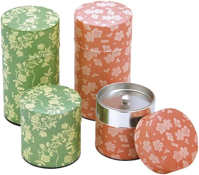 Japanese Pokkan Matcha Coffee Spice Tea Tin Canister Washi Paper Storage with Lid 7.05 oz Capacity (Hana Karakusa)