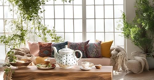 European Style Teapot Handmade Ceramic Teapot Pumpkin Fluted Shape Vintage Tea Party Set Gift (Polka dot)