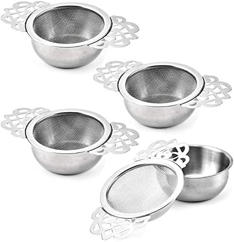4 Set Tea Strainers with Drip Bowls, Loose Leaf Tea Strainers with Double Winged Handles Extra Fine Mesh Tea Infuser Brew Loose Leaf Tea, Spices, Seasonings
