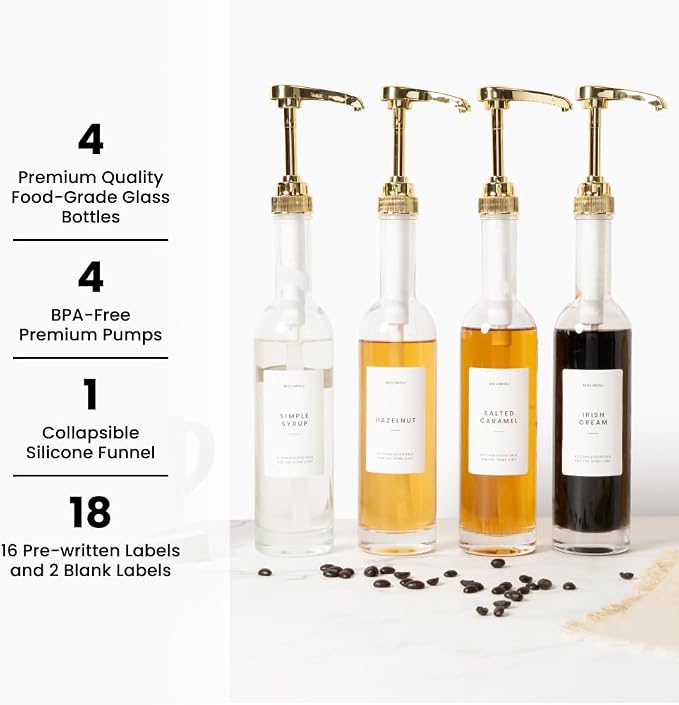 Molimoli Coffee Syrup Dispenser for Coffee Bar, 350mlCoffee Pump Dispenser, Glass Syrup Bottle w. Pumps, Simple Syrup Dispenser w. Labels,Set of 4, (Gold) - Image 2