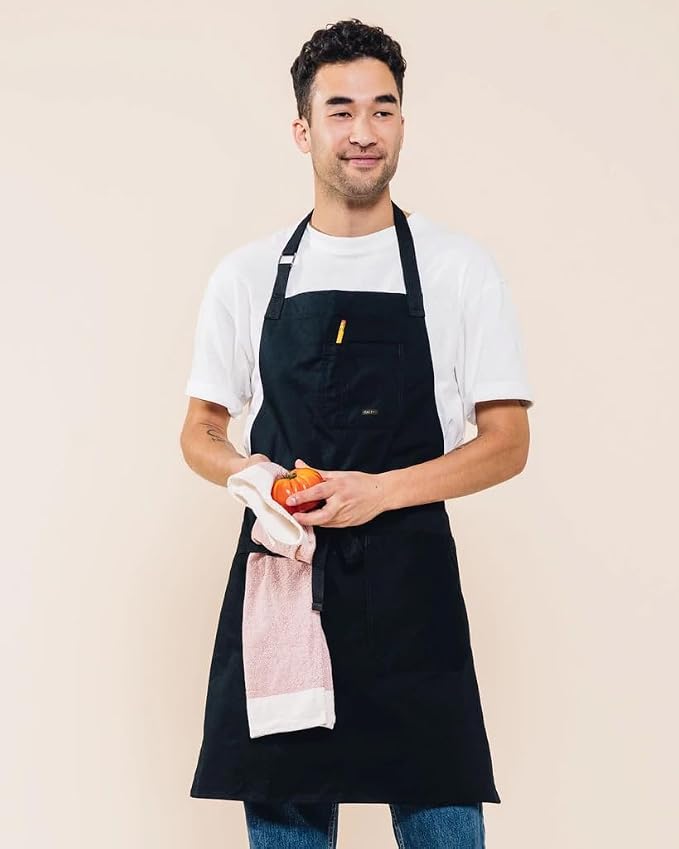 Caldo Daily Cotton Kitchen Apron for Cooking- Mens and Womens Professional Chef or Server Bib Apron - Adjustable Straps with Pockets and Towel Loop (Black) - Image 4