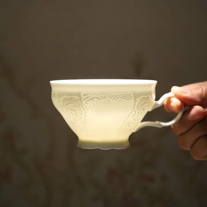 White Fine Porcelain 7 Oz Teacup Saucer Set, Sculpture Surface, Light Weight, Set of Four
