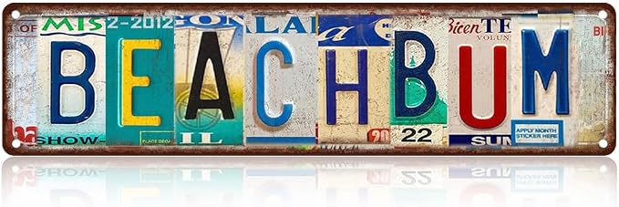 Vintage License Plate BEACH BUM Sign – 16x4 Inch Rustic Tin Wall Décor for Beach House, Coastal Cottage, Patio, Poolside or Tropical Bar by SARAHEVE