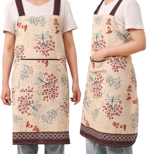 patdrea Blue Floral Linen Apron with Pocket,French Kitchen Garden Chef BBQ Aprons for Women and Men,Crisscross Back Straps - Image 3