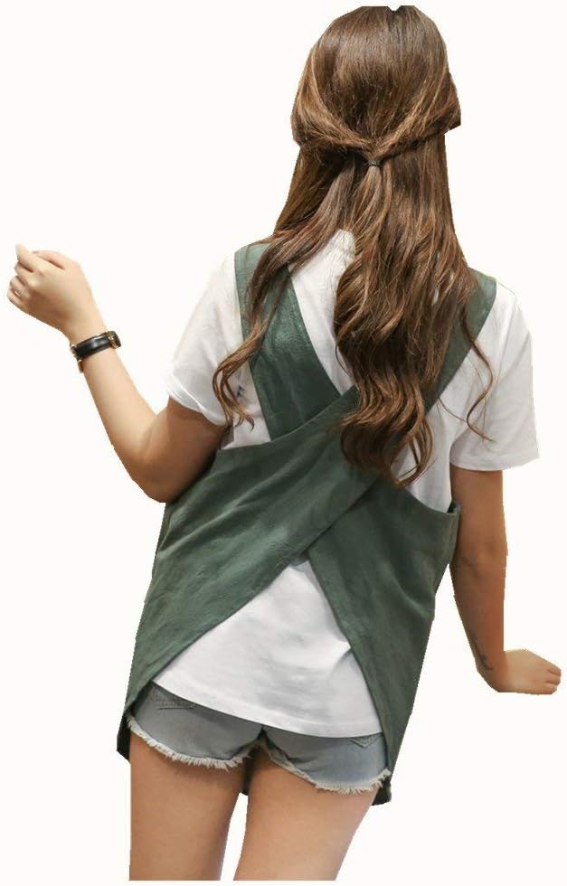 Shortened Design Apron, Japanese Style Soft Cotton Linen Apron with Two Side Pockets, X Cross Halter Aprons, Kitchen Cooking Clothes Gift for Women DIY Project, Crafting, Cooking, Baking(Army Green ) - Image 3