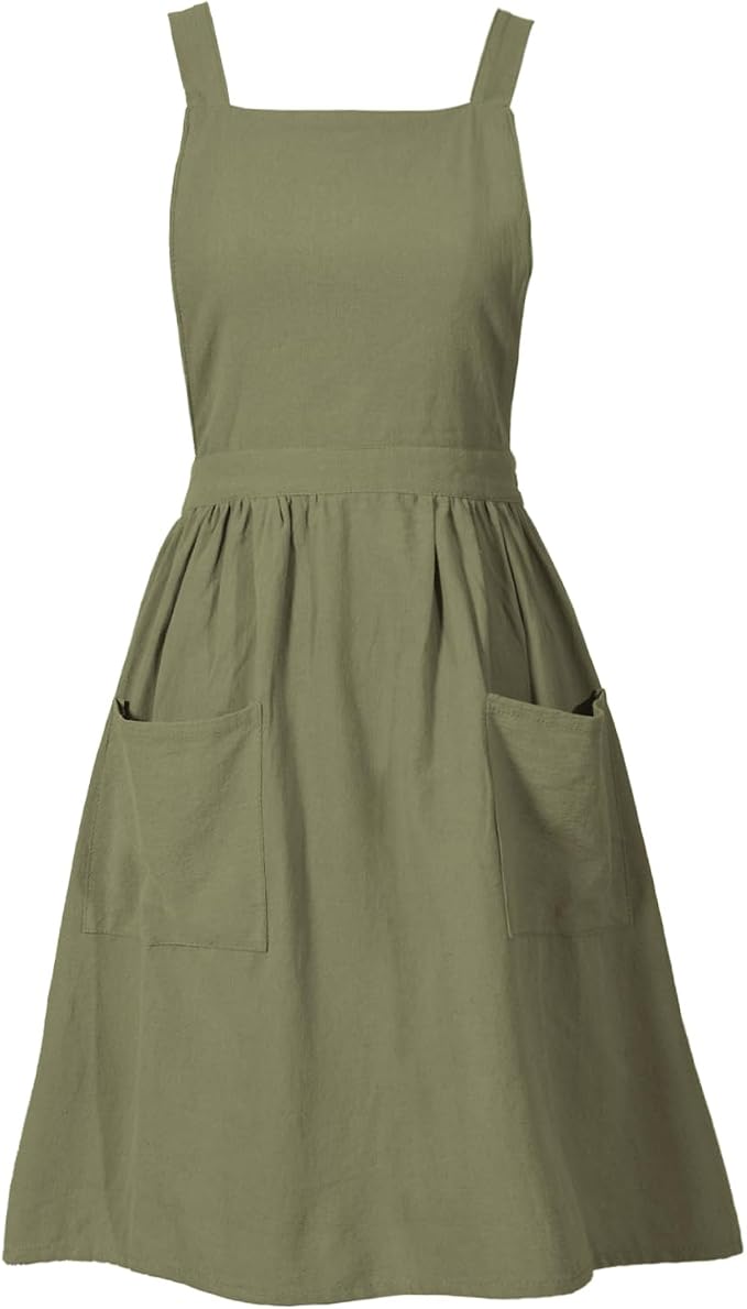Pinknoke Cute Cotton Pinafore Aprons for Women with Pockets for Kitchen | Vintage Apron Dress,Adjustable Cross Back,2 Pockets,Long Straps,for Cooking Backing Gardening Painting Cleaning Gift Giving by Pinknoke