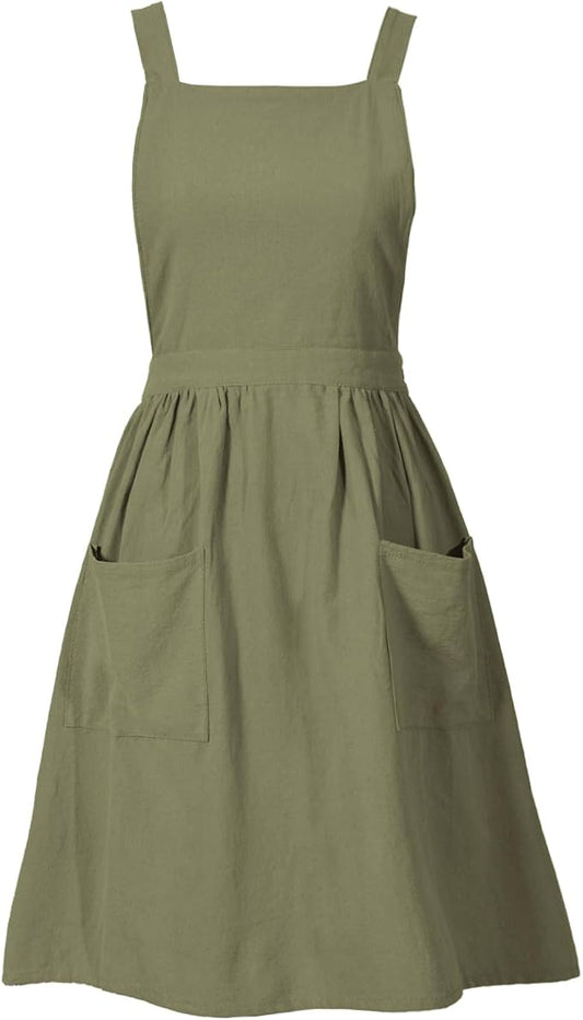 Pinknoke Cute Cotton Pinafore Aprons for Women with Pockets for Kitchen | Vintage Apron Dress,Adjustable Cross Back,2 Pockets,Long Straps,for Cooking Backing Gardening Painting Cleaning Gift Giving by Pinknoke