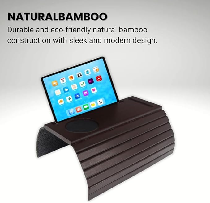 Bamboo Sofa Arm Tray, Couch Arm Table Caddy for Snacks, Drinks, Remote, Cups, Flexible & Foldable (Brown)