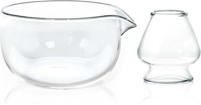 Matcha Bowl and Whisk Holder Set, Glass Matcha Bowl with Spout, Ceremonial Mixing Chawan, Clear Traditional Japanese Matcha Kit for Tea/Matcha Powder/Soup - Hammer Pattern